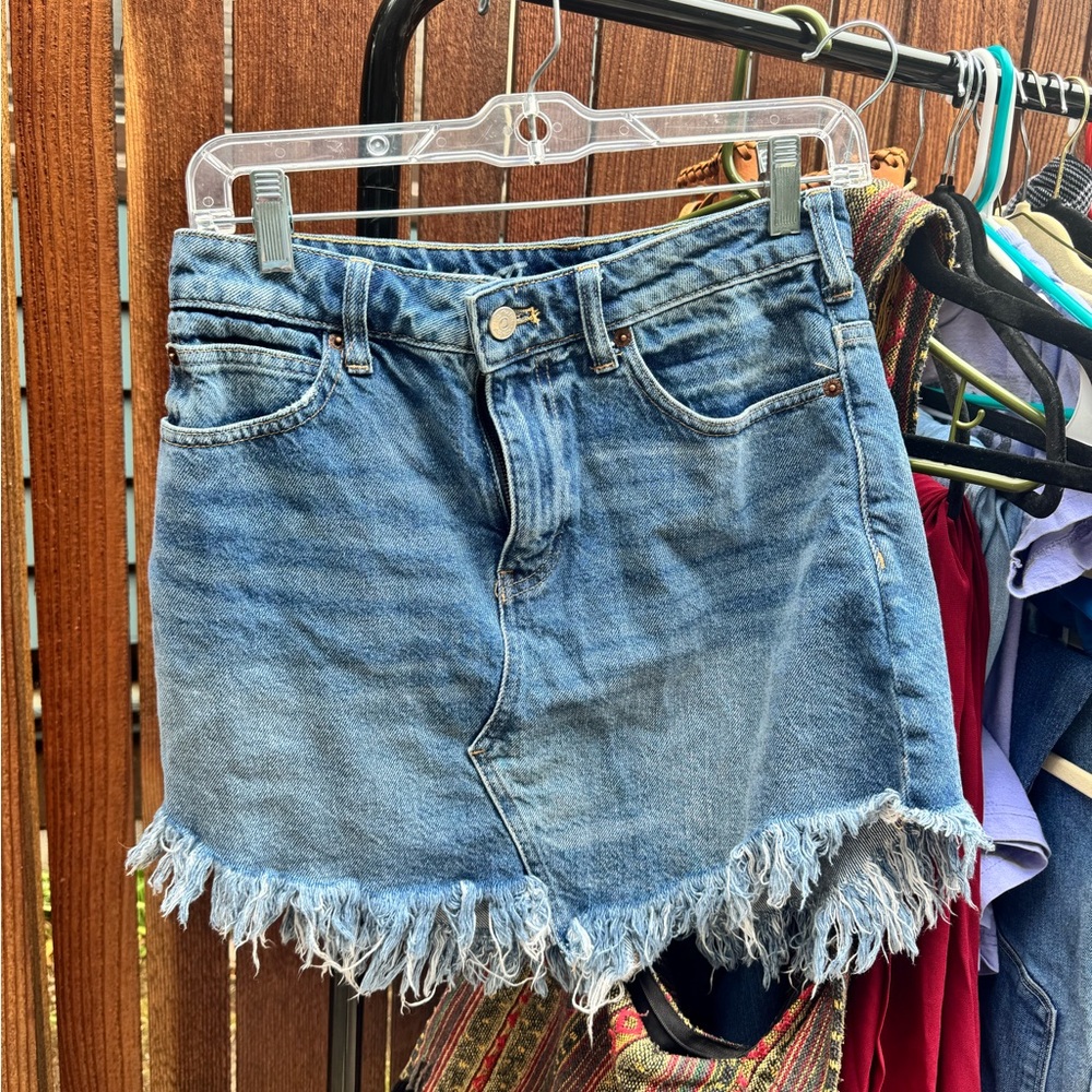 We The Free Asymmetric Frayed Hem Denim Skirt